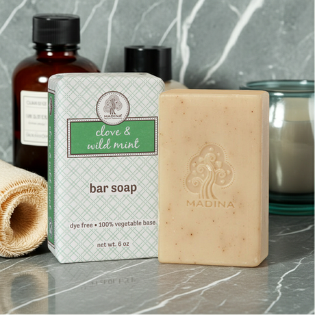 Madina Clove & Wild Mint Spice cleansing bar soap for washing the skin, bathing, and everyday care.
