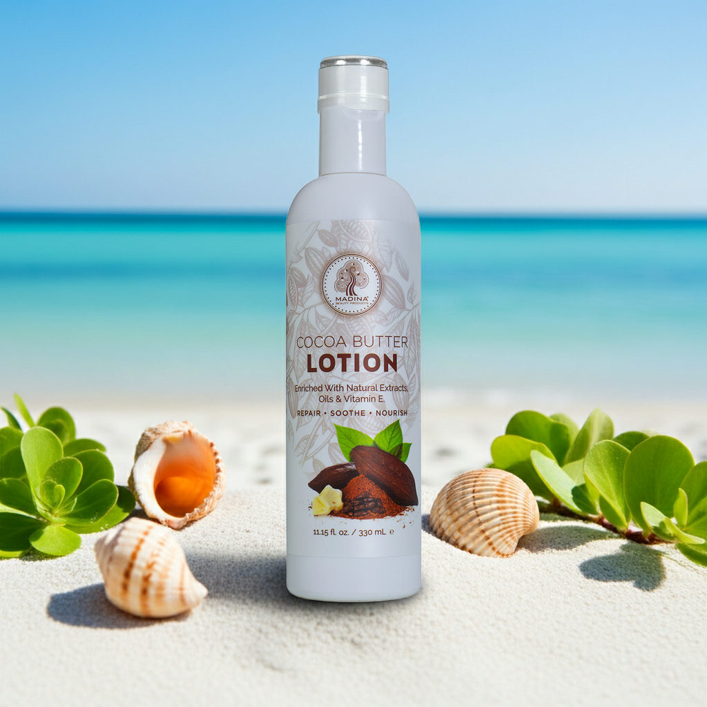 Madina Cocoa Butter body lotion bottle for hydrating the skin, improving softness, and regular skincare use.