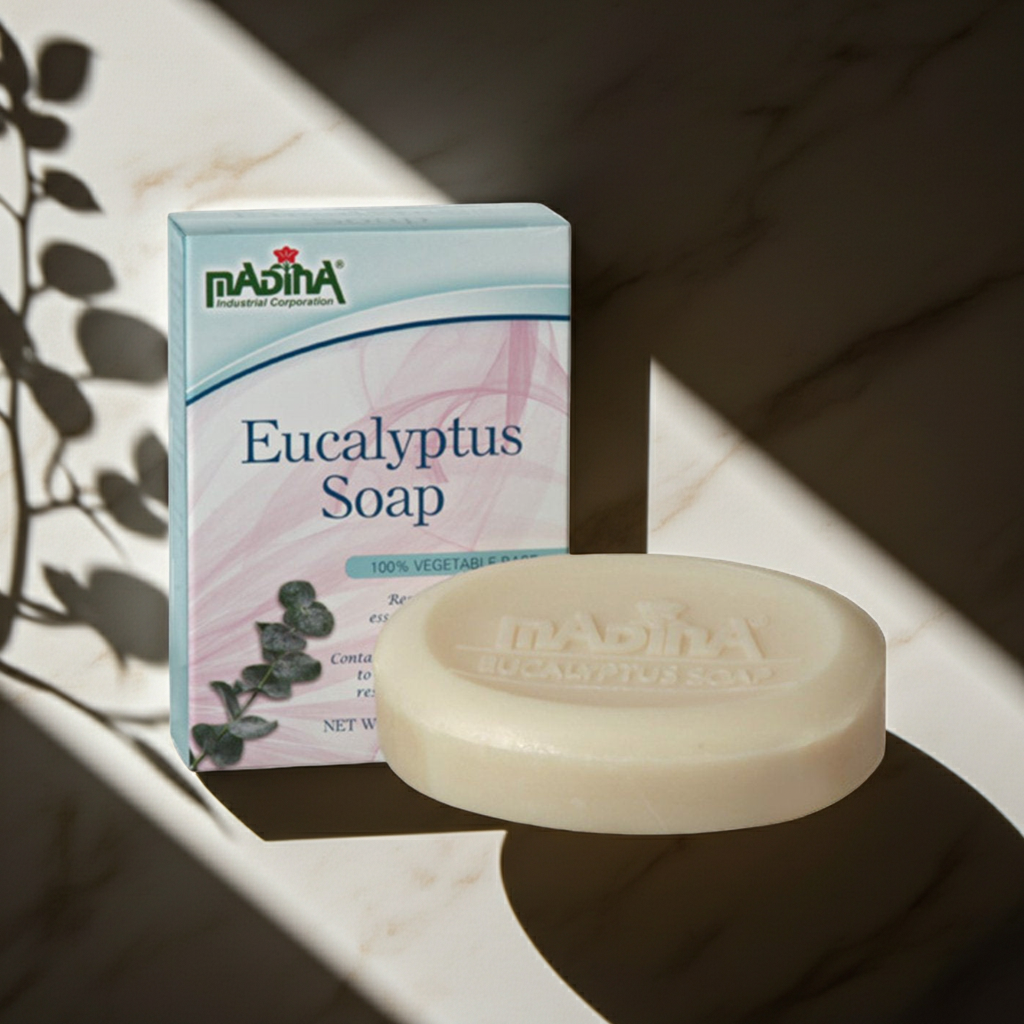 Madina Eucalyptus Stress Relief soap bar for refreshing bathing, gentle cleansing, and stress-relief skincare routines.