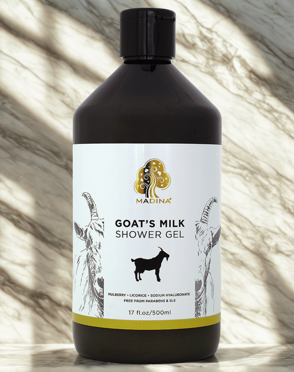 Madina Goat’s Milk Shower Gel bottle for daily skin-softening cleansing, nourishing skin care, and shower routine use.