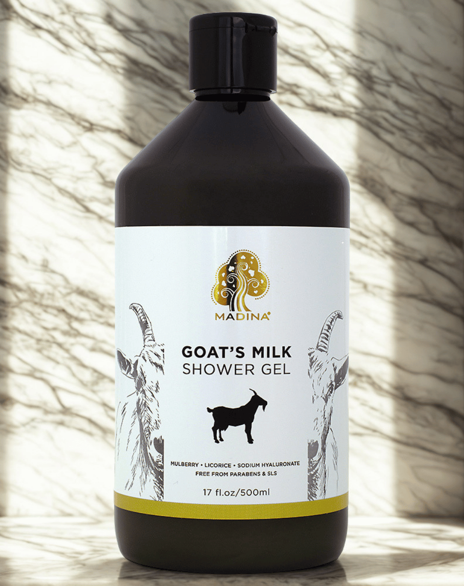 Madina Goat’s Milk Shower Gel bottle for hydrating bath care, gentle skin cleansing, and everyday body wash use.