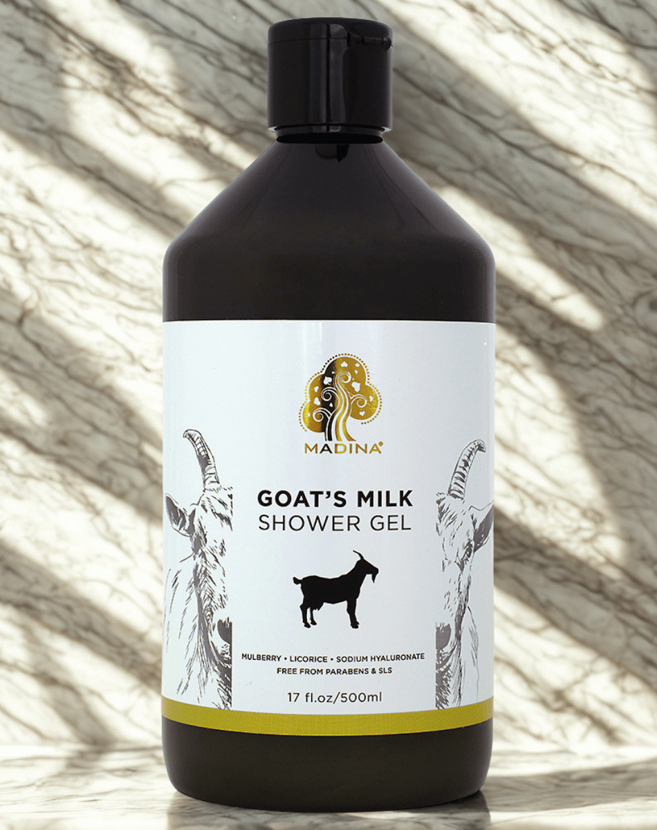 Madina Goat’s Milk Shower Gel bottle for moisturizing body cleansing, soft skin care, and daily shower use.
