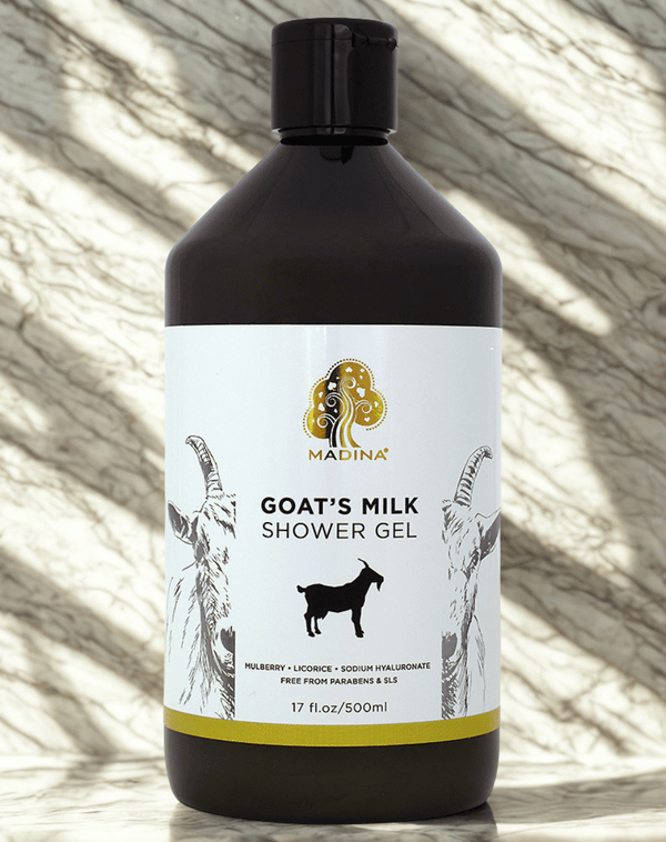 Madina Goat’s Milk Shower Gel bottle for moisturizing body cleansing, soft skin care, and daily shower use.