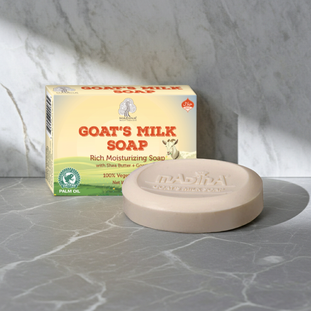 Madina Goat's Milk soap bar shown for gentle cleansing and everyday skin care.