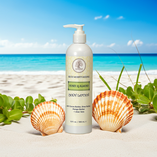 Madina Honey & Almond Body Lotion bottle for moisturizing dry skin, softening rough areas, and daily body care.