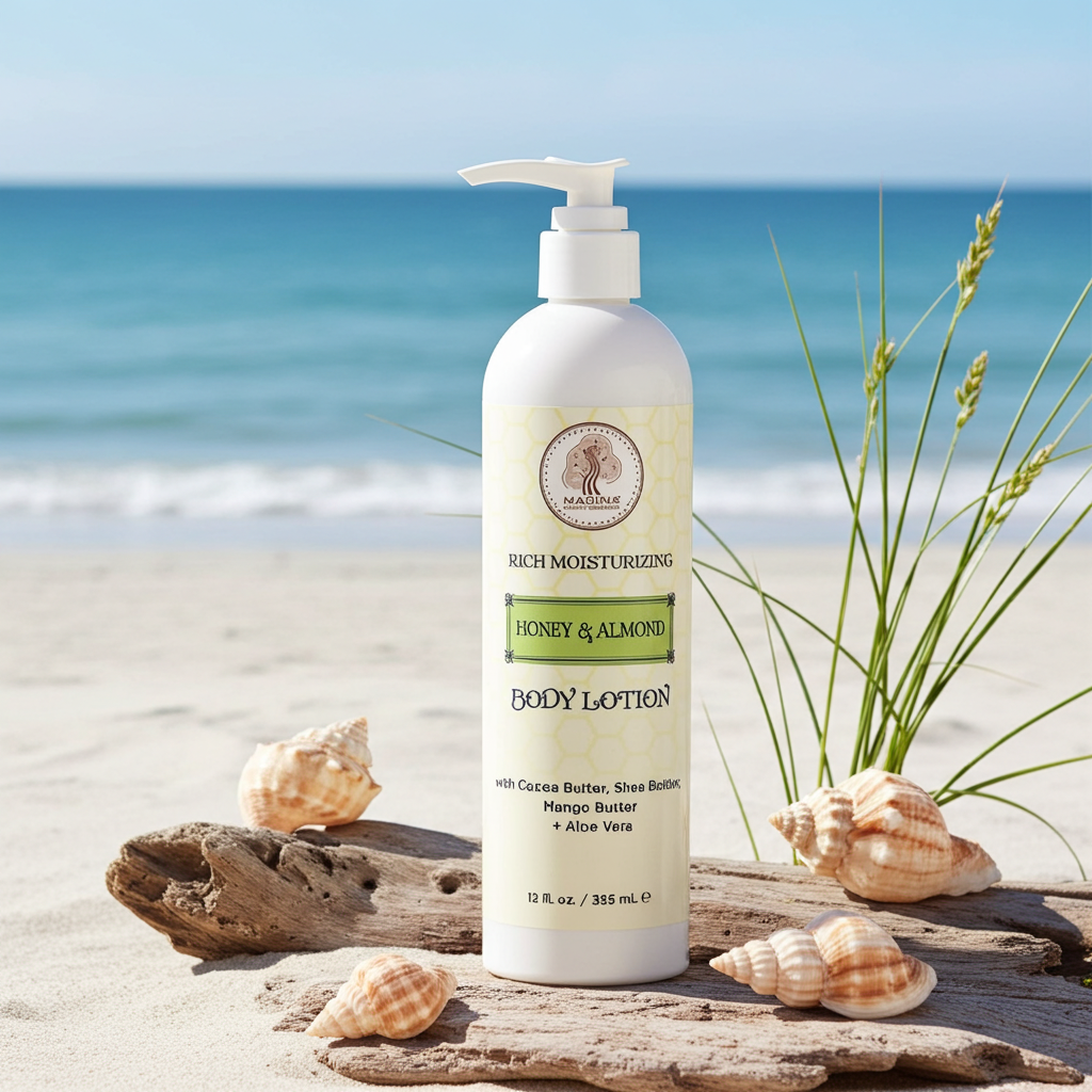 Madina Honey & Almond body lotion bottle for hydrating dry skin, improving softness, and everyday skincare use.