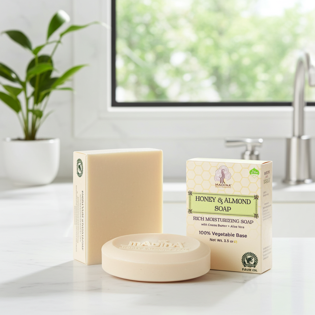 Madina Honey and Almond Soap with cocoa butter and aloe vera presented for bathing and nourishing skin care.