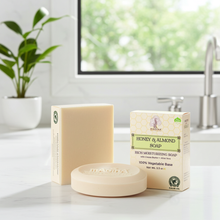 Madina Honey and Almond Soap with cocoa butter and aloe vera presented for bathing and nourishing skin care.