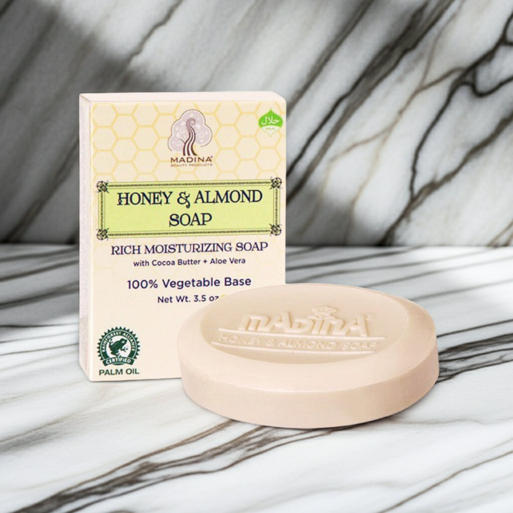 Madina Honey and Almond soap bar shown for gentle cleansing and everyday skin care.