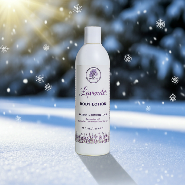 Madina Lavender Body Lotion bottle for moisturizing dry skin, softening the body, and daily skincare use.