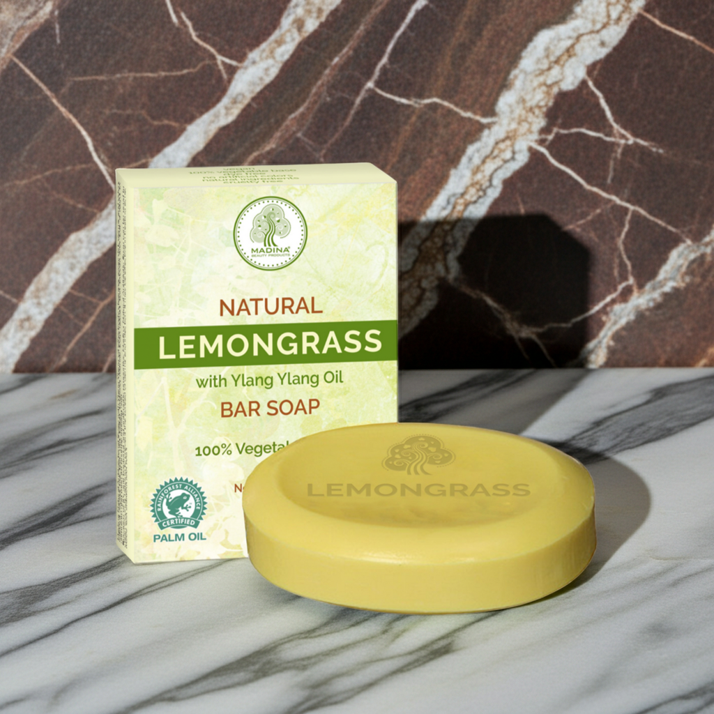 Madina Natural Lemongrass with ylang ylang oil cleansing bar soap for washing the skin, bathing, and everyday care.