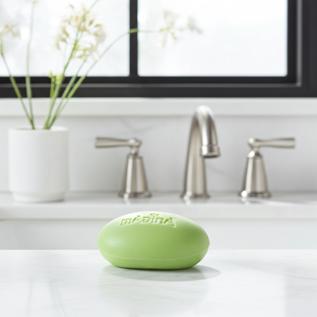 Madina Moisturizing soap bar for daily bathing, skin cleansing, and personal care use.