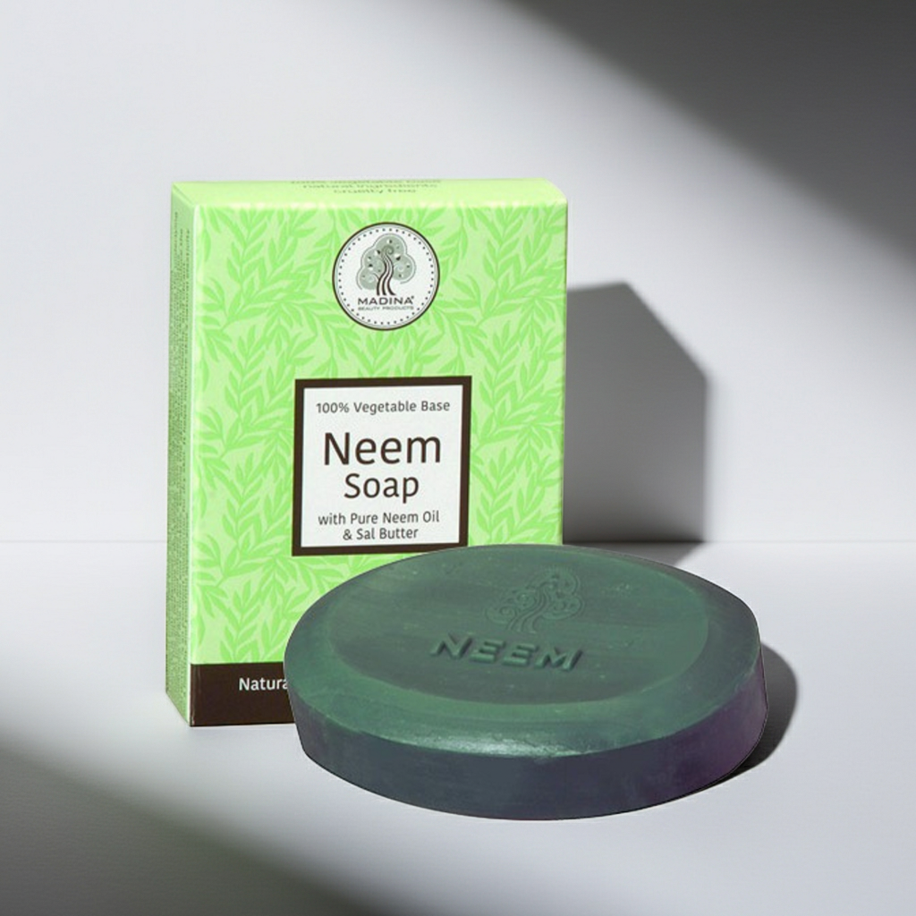 Madina Neem Soap with Pure Neem Oil & Sal Butter cleansing bar soap for washing the skin, bathing, and everyday care.