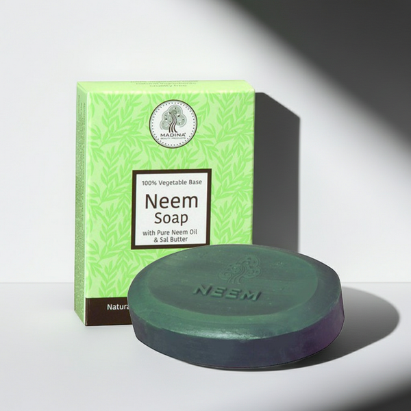 Madina Neem Soap with Pure Neem Oil & Sal Butter bar soap for bathing, skin cleansing, and daily skincare use.