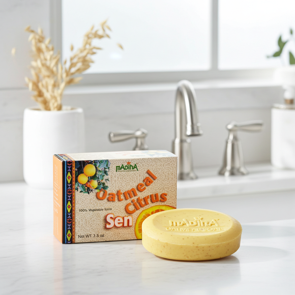 Madina Oatmeal Citrus cleansing bar soap for washing the skin, bathing, and everyday care.