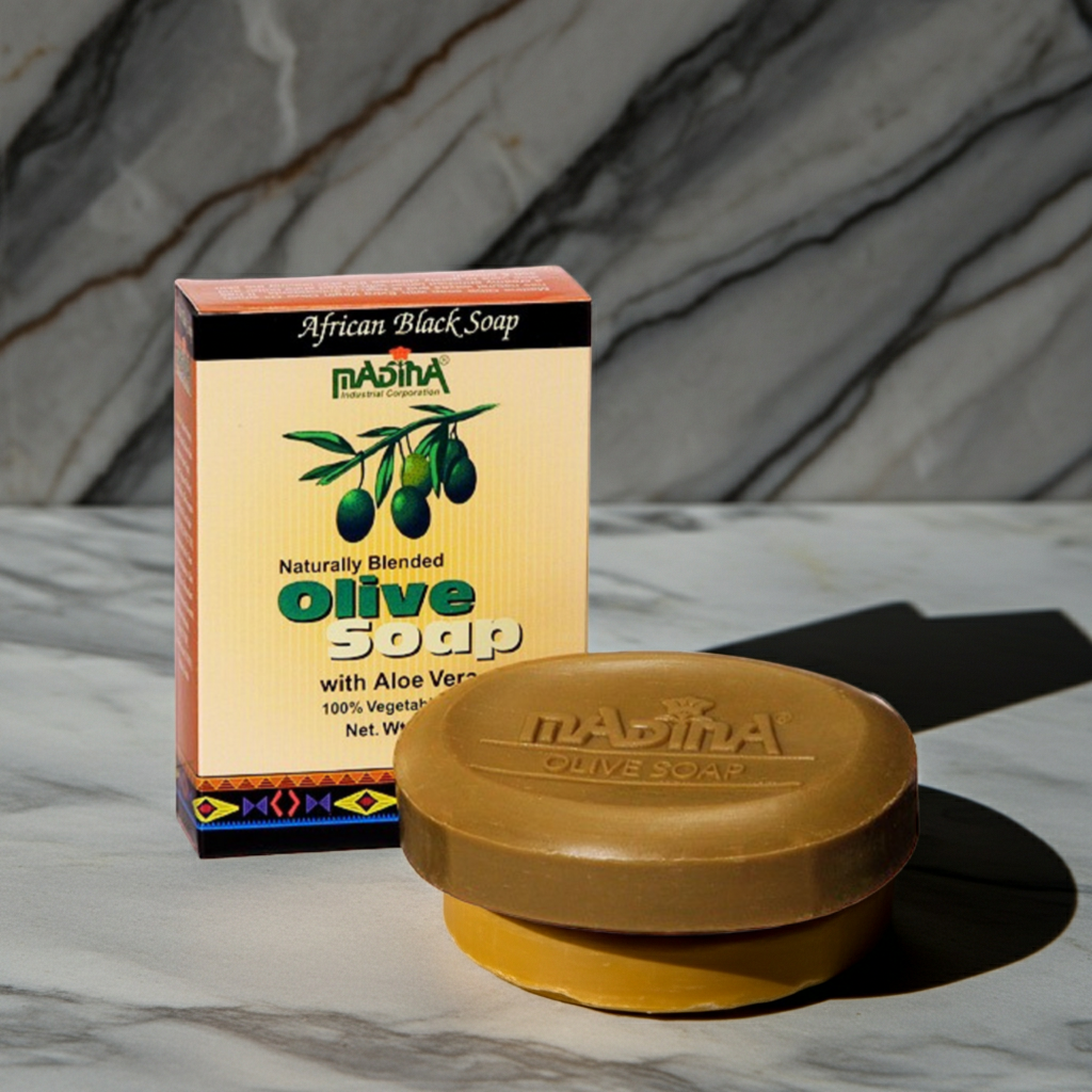 Madina Olive Soap with Aloe Vera bar soap for daily bathing, skin cleansing, and personal care use.