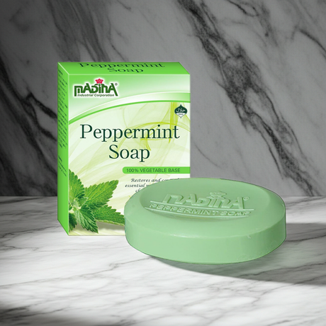 Madina Pappermint soap bar shown for gentle cleansing and stress relief skincare.