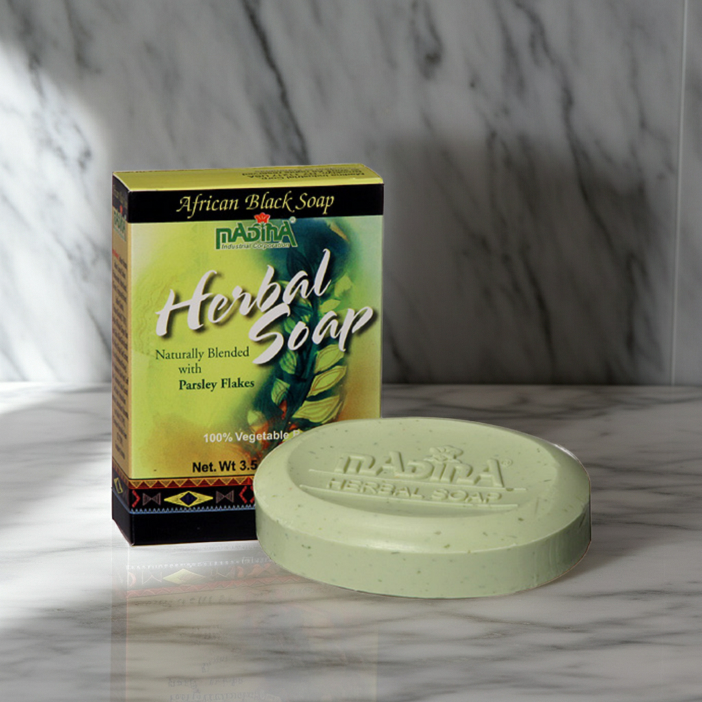 Madina Herbal Soap with Parsley Flakes soap bar for daily bathing, skin cleansing, and personal care use.