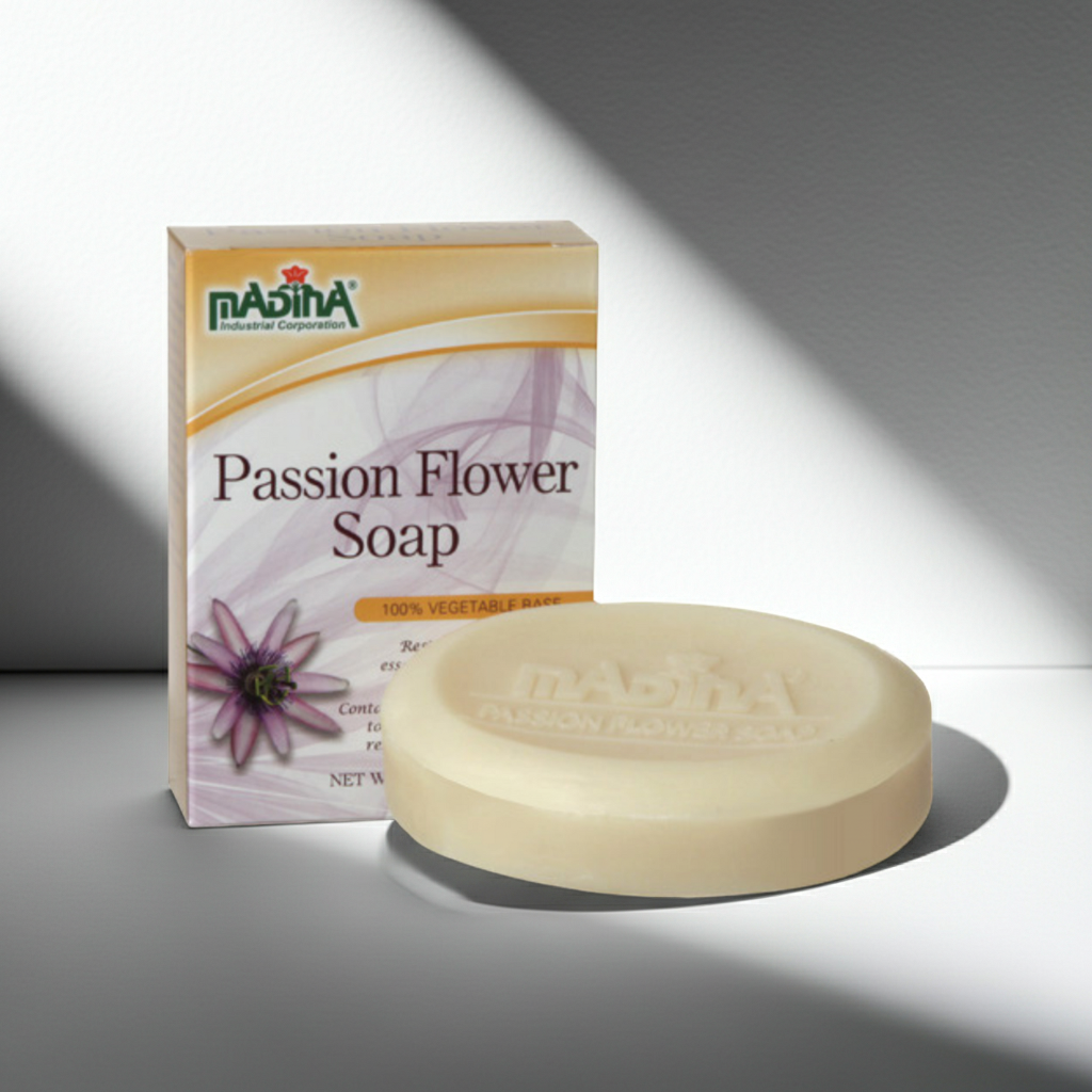 Madina Passion Flower soap bar shown for gentle cleansing and stress relief skincare.