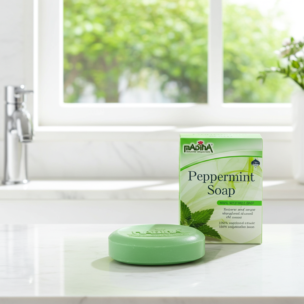 Madina Peppermint Soap bar for daily cleansing, bathing, and refreshing the skin.