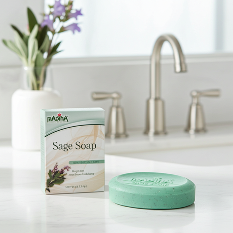 Madina Sage soap bar shown for gentle cleansing and stress relief skincare.
