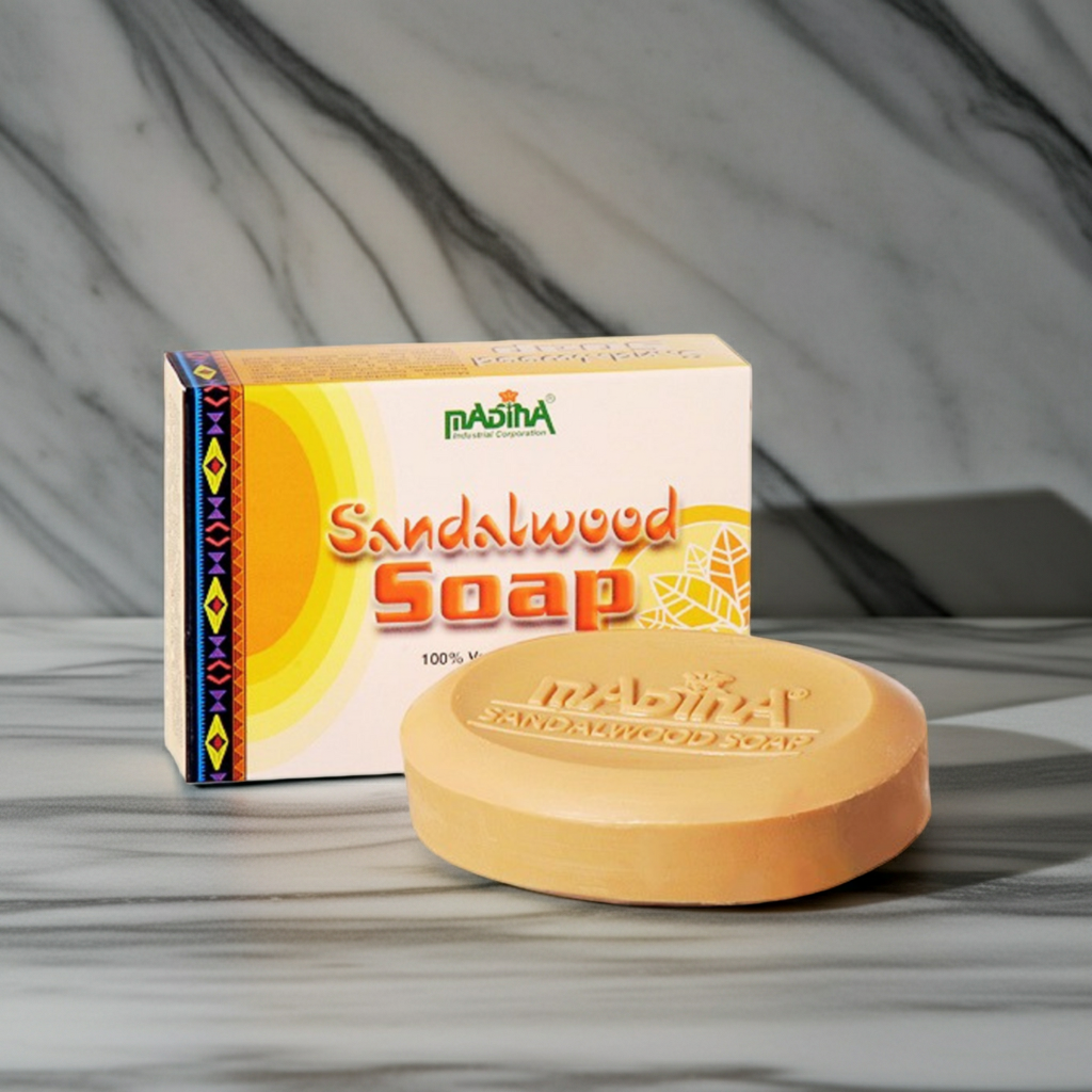Madina Sandalwood Soap cleansing bar for washing the skin, bathing, and everyday care.