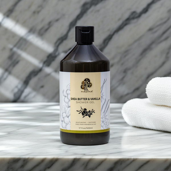 Madina Shea Butter & Vanilla Shower Gel bottle for moisturizing body cleansing, soft skin care, and daily shower use.