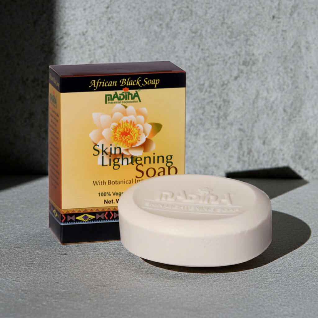 Bar of Madina Skin Lightening Soap displayed for cleansing, skincare, and daily bath use.