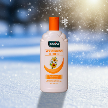 Madina Sunflower Chamomile Moisturizing Lotion bottle for daily skin hydration, softening dry areas, and body care use.