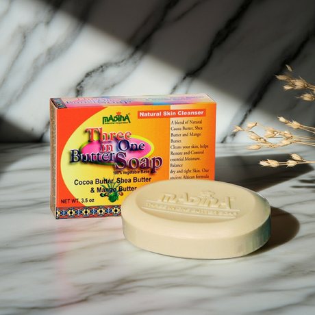 Madina Three in One Butter Soap cleansing bar for washing the skin, bathing, and everyday personal care.