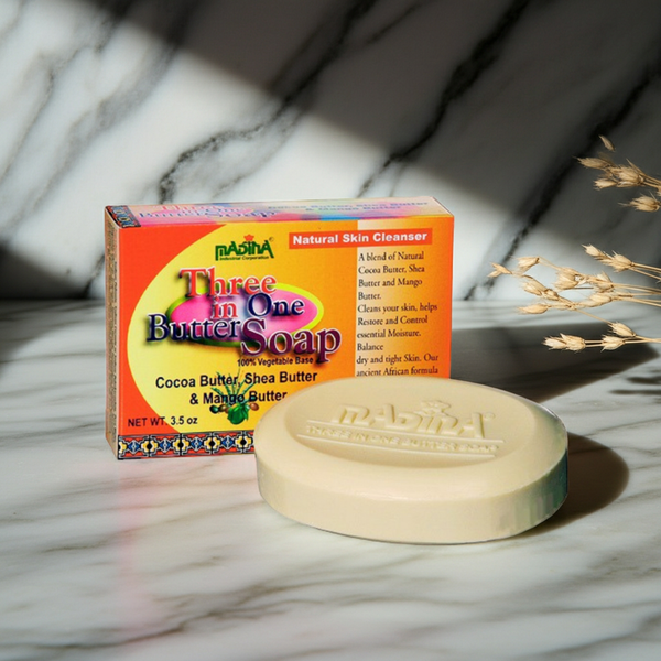 Madina Three in One Butter Soap cleansing bar for washing the skin, bathing, and everyday personal care.