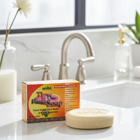 Madina Three in One Butter Soap bar for daily cleansing, bathing, and keeping the skin clean and refreshed.