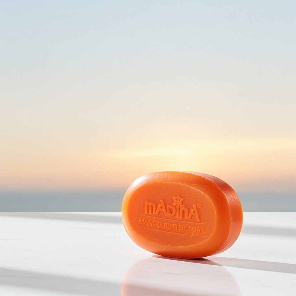 Madina Vitamin E Mango Butter soap bar displayed for daily cleansing and skin care routines.