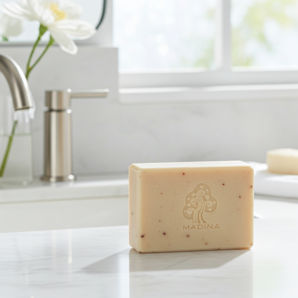 Madina White Clay and Cranberry soap bar displayed for personal care and refreshing cleansing.