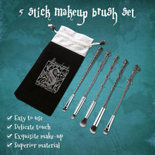 Magical wand makeup brush set for Harry Potter fans with beauty tools for applying powder, blush, and eyeshadow.
