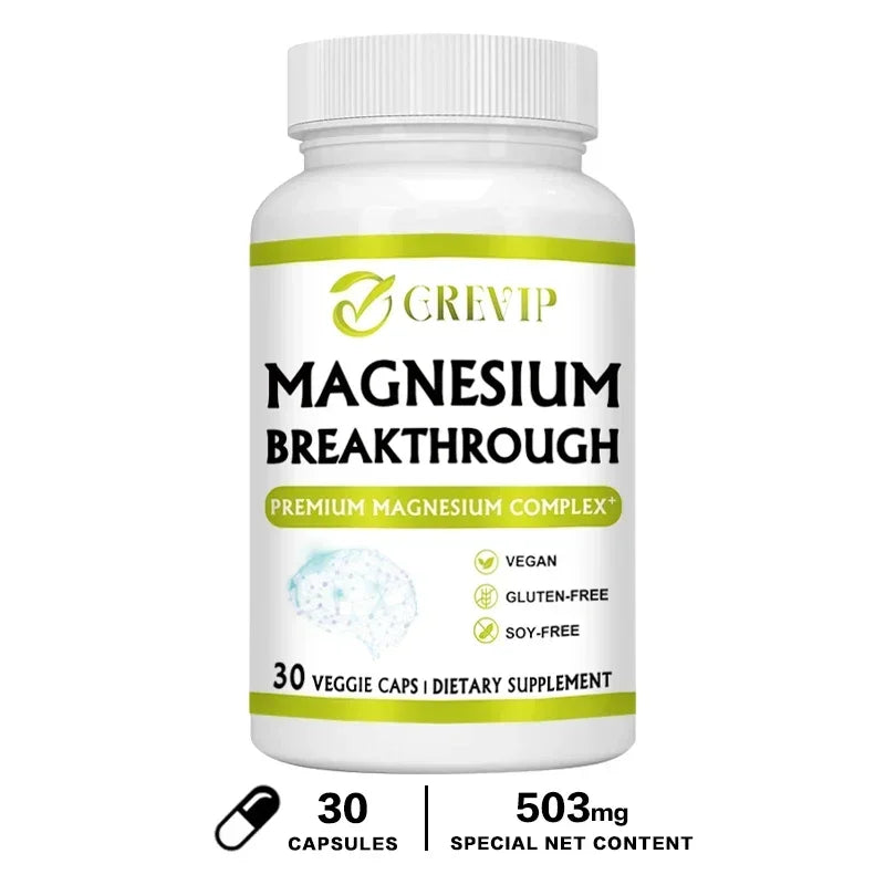 Magnesium Breakthrough capsule supplement bottle for brain function, cardiovascular support, and daily magnesium intake.
