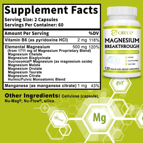 Magnesium Breakthrough magnesium capsule bottle for nighttime relaxation, restful sleep, and daily wellness support.