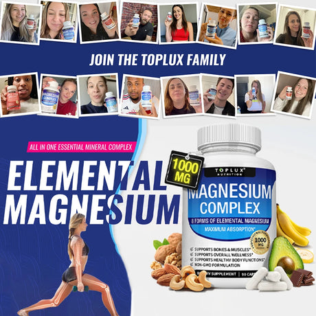 Magnesium Complex 1000mg capsules supplement bottle for daily magnesium intake, energy support, and routine wellness use.