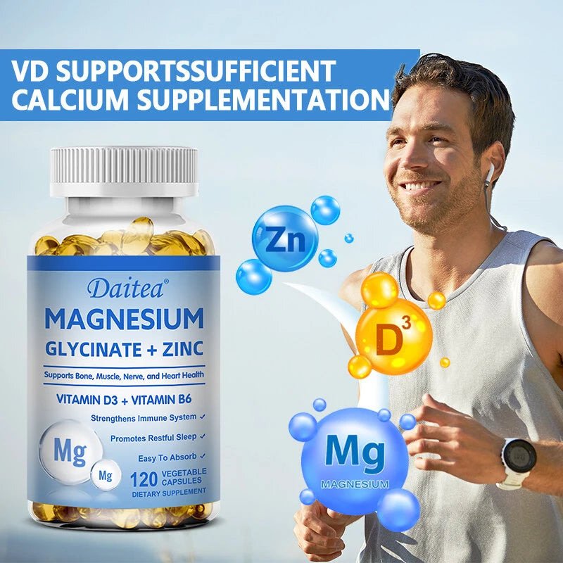 Daitea Magnesium Glycinate + Zinc capsules bottle for daily nutritional support, promoting calm body care, immune wellness, and mineral supplementation.