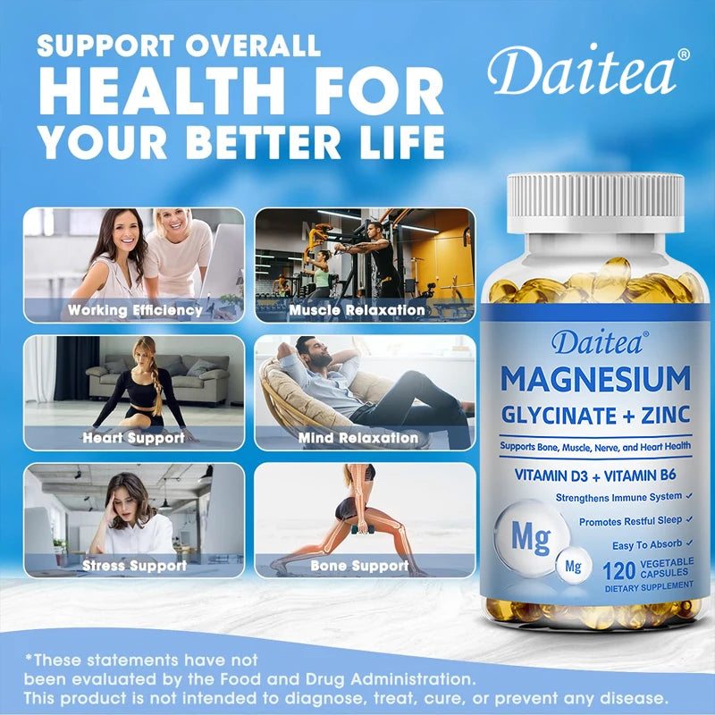 Daitea Magnesium Glycinate + Zinc capsules bottle for daily supplement use, supporting mineral intake, calm wellness routines, and immune health.