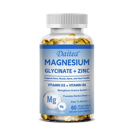 Daitea Magnesium Glycinate + Zinc capsules bottle for wellness support, helping with daily mineral intake, relaxation routines, and immune health.
