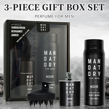 MANDATORY Men's 3-Piece Fragrance & Grooming Set gift box with cologne, shower gel, and scalp brush on gray background.