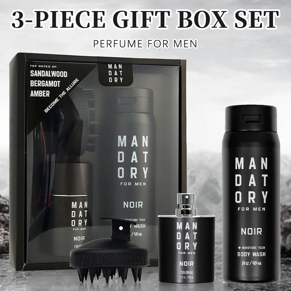 MANDATORY Men's 3-Piece Fragrance & Grooming Set gift box with cologne, shower gel, and scalp brush on gray background.