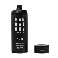 MANDATORY Men's Noir shower gel bottle with aloe vera, Vitamin E, and glycerin formula on white background.