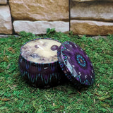 Manifestation tin candle with crystals for abundance rituals, intention work, and altar practice.