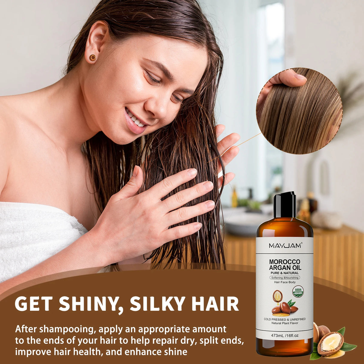 Massage oil with coconut, sweet almond, Moroccan argan, and sunflower seed oils for full body massage and moisturizing dry skin.