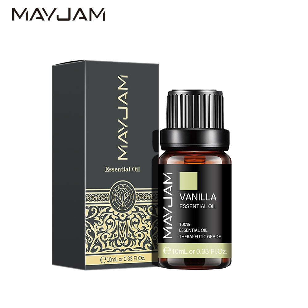MAYJAM 10 scent essential oils collection in bottles for DIY recipes, diffuser sessions, and candle crafting.