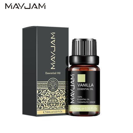 MAYJAM 10 scent essential oils collection in bottles for DIY recipes, diffuser sessions, and candle crafting.