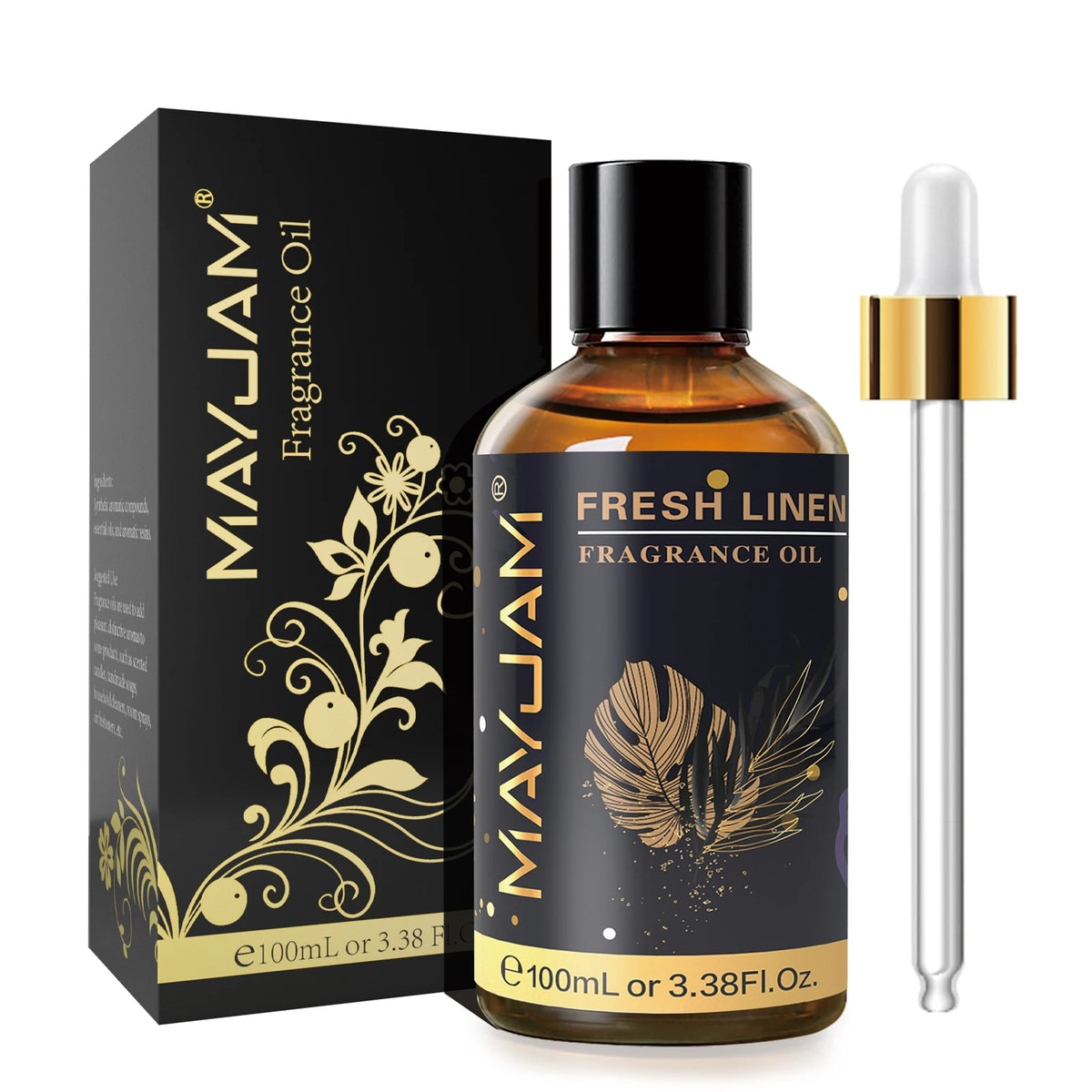 MAYJAM 100ml essential oil bottle with dropper for spa relaxation, massage preparation, and soothing aromatherapy.