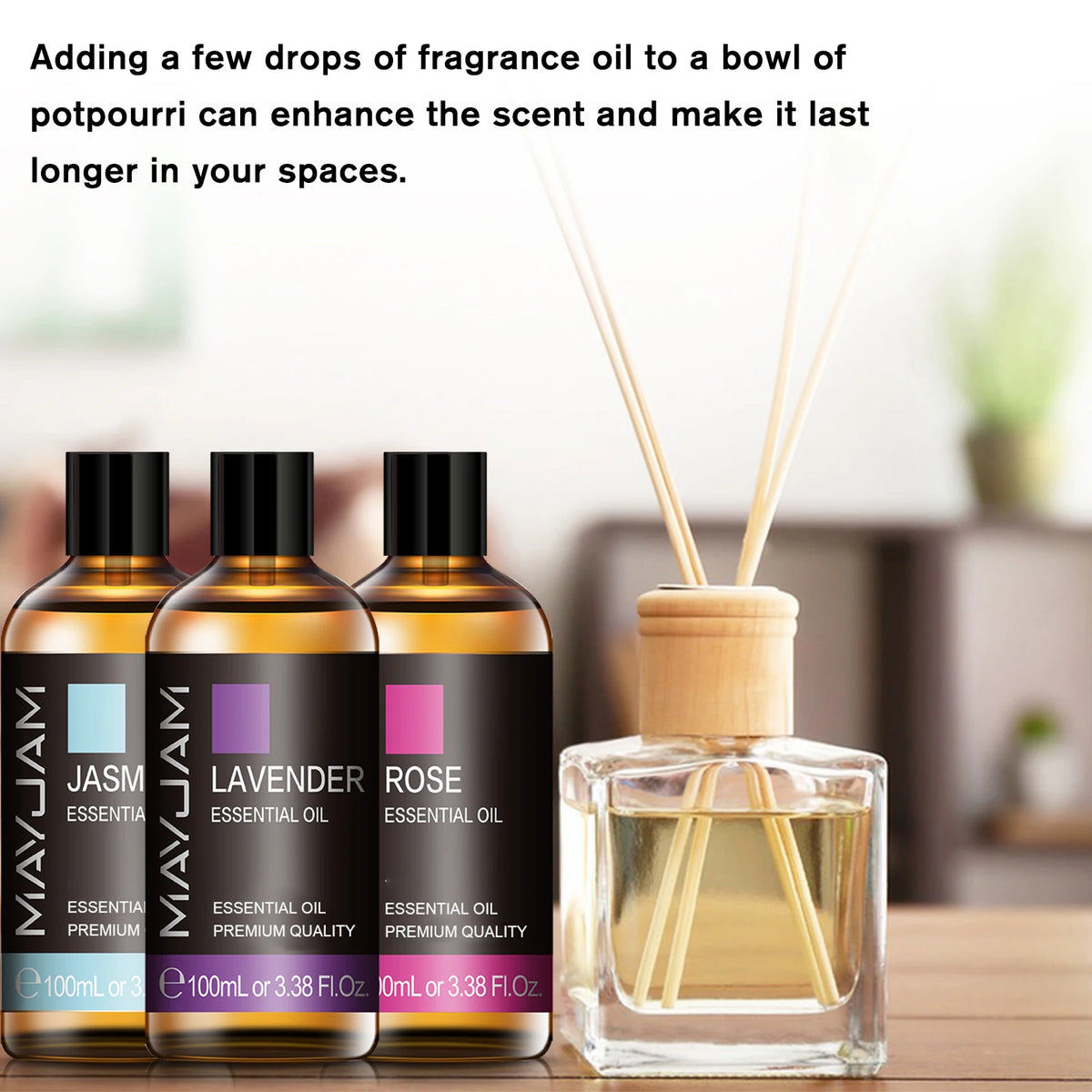 MAYJAM 100ml vanilla essential oil bottle for home fragrance, diffuser use, and soothing aromatherapy.